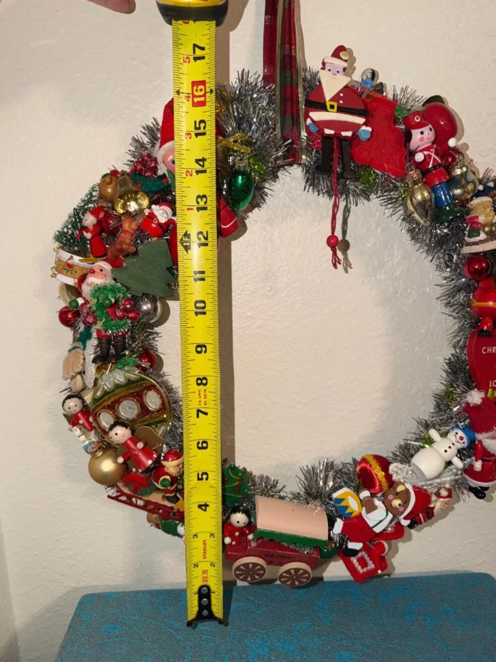 Christmas Wreath handmade w/ Vintage Wooden, Porcelain and Stitched Ornaments